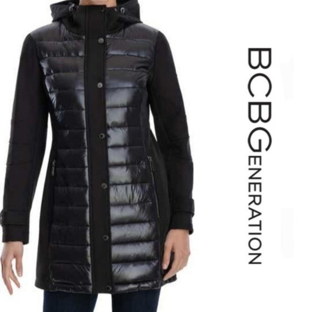 BCBGeneration Water-Resistant Hooded Softshell Long Puffer Jacket size XS